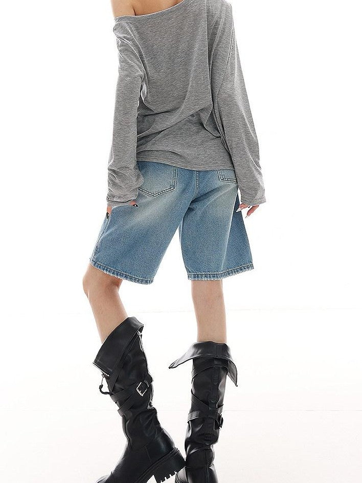 QIUQIU STUDIO Light Wash Distressed Belted Relaxed Women&