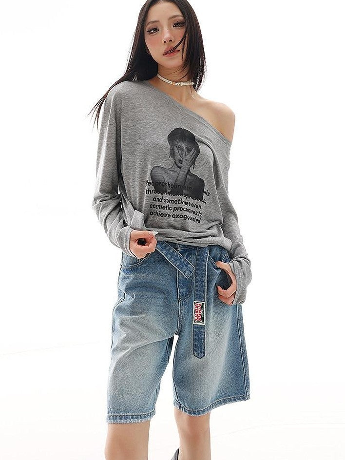 QIUQIU STUDIO Light Wash Distressed Belted Relaxed Women&