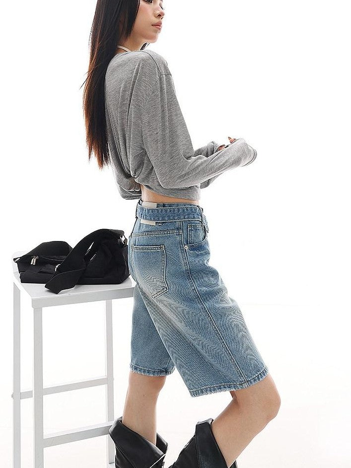 QIUQIU STUDIO Light Wash Distressed Belted Relaxed Women&