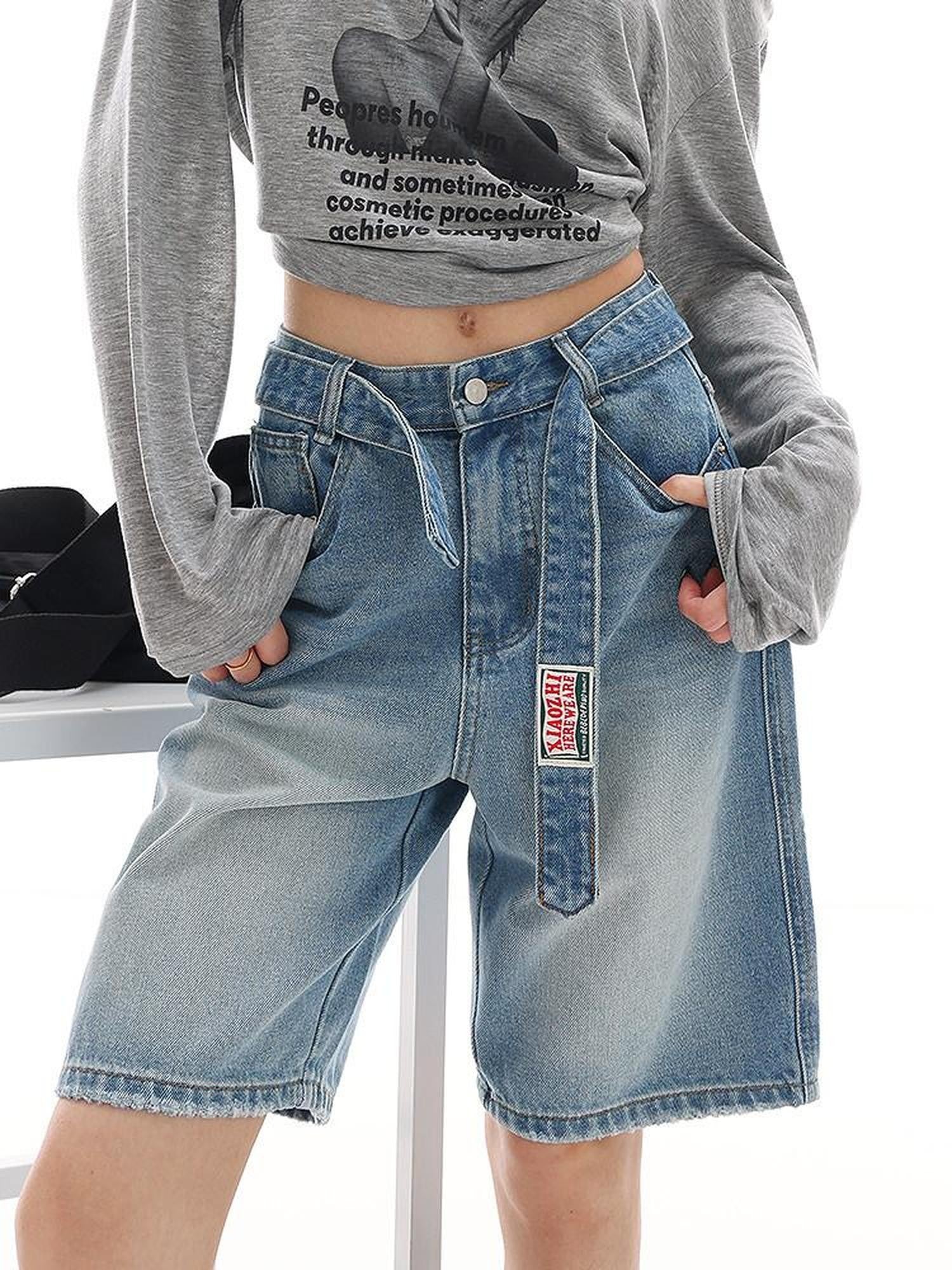 QIUQIU STUDIO Light Wash Distressed Belted Relaxed Women&
