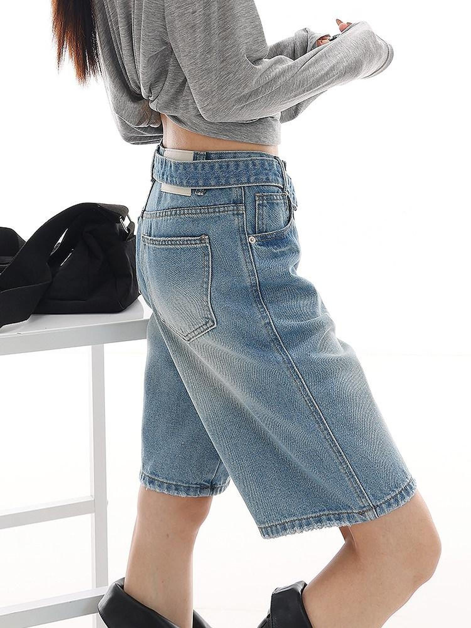QIUQIU STUDIO Light Wash Distressed Belted Relaxed Women&