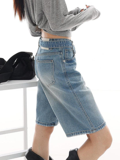 QIUQIU STUDIO Light Wash Distressed Belted Relaxed Women&