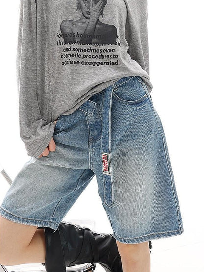 QIUQIU STUDIO Light Wash Distressed Belted Relaxed Women&
