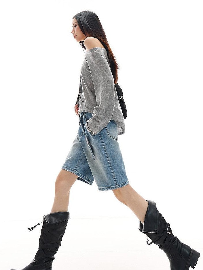 QIUQIU STUDIO Light Wash Distressed Belted Relaxed Women&