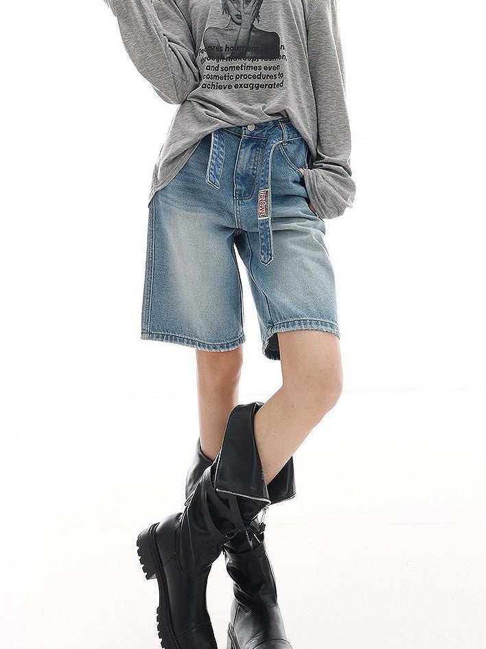 QIUQIU STUDIO Light Wash Distressed Belted Relaxed Women&