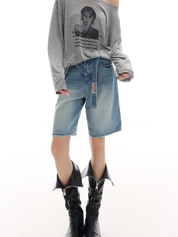 QIUQIU STUDIO Light Wash Distressed Belted Relaxed Women&