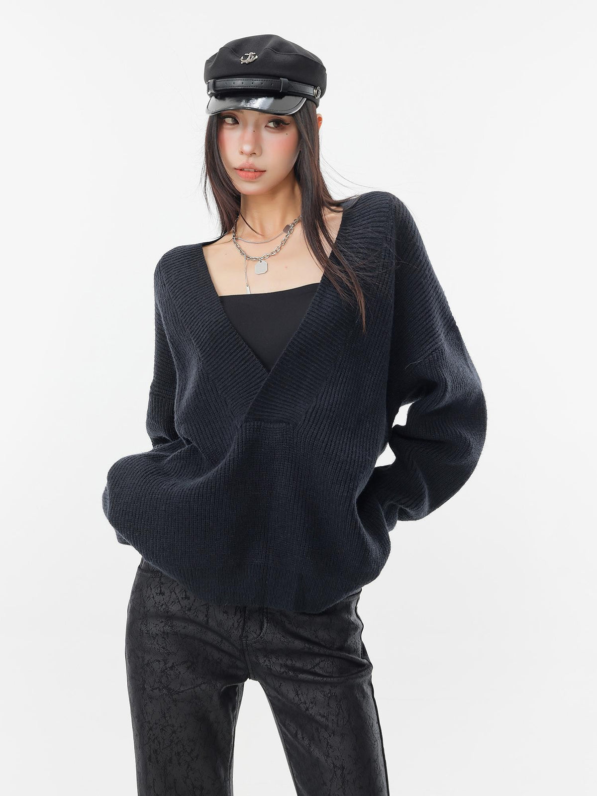 QIUQIU STUDIO Loose Fit Deep V-neck Drop Shoulder Button Knit Women&
