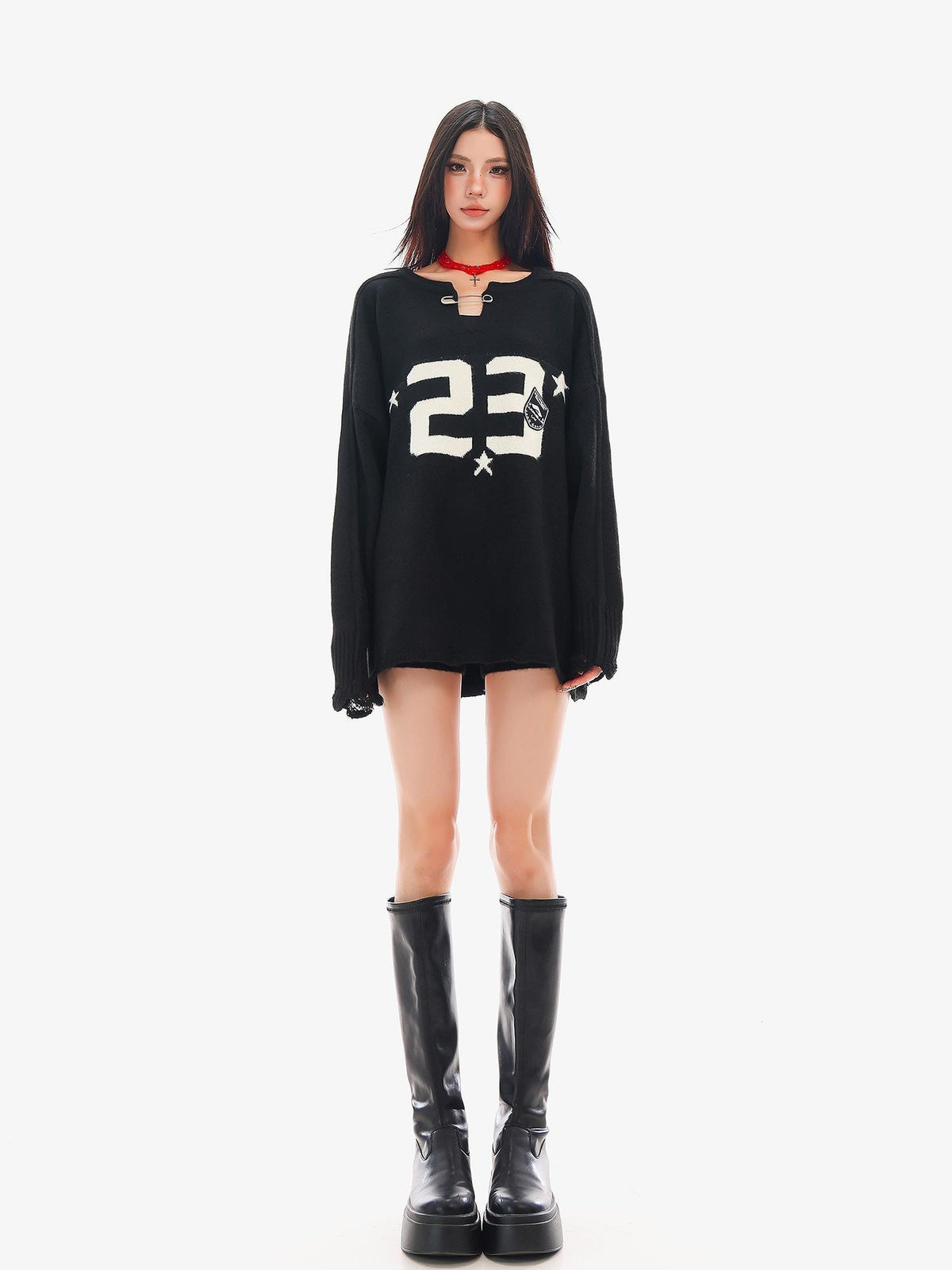 QIUQIU STUDIO Loose Fit Letter Embroidered Knit Two Piece Women&
