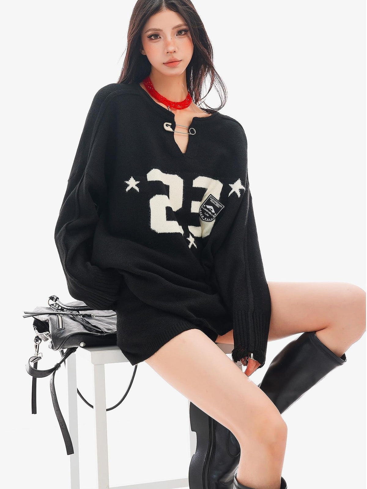 QIUQIU STUDIO Loose Fit Letter Embroidered Knit Two Piece Women&