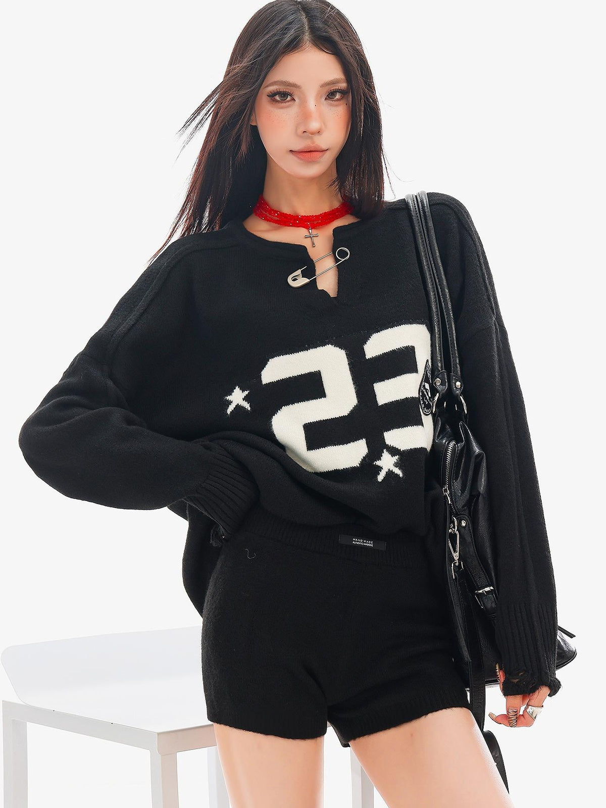 QIUQIU STUDIO Loose Fit Letter Embroidered Knit Two Piece Women&