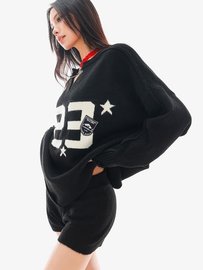 QIUQIU STUDIO Loose Fit Letter Embroidered Knit Two Piece Women&