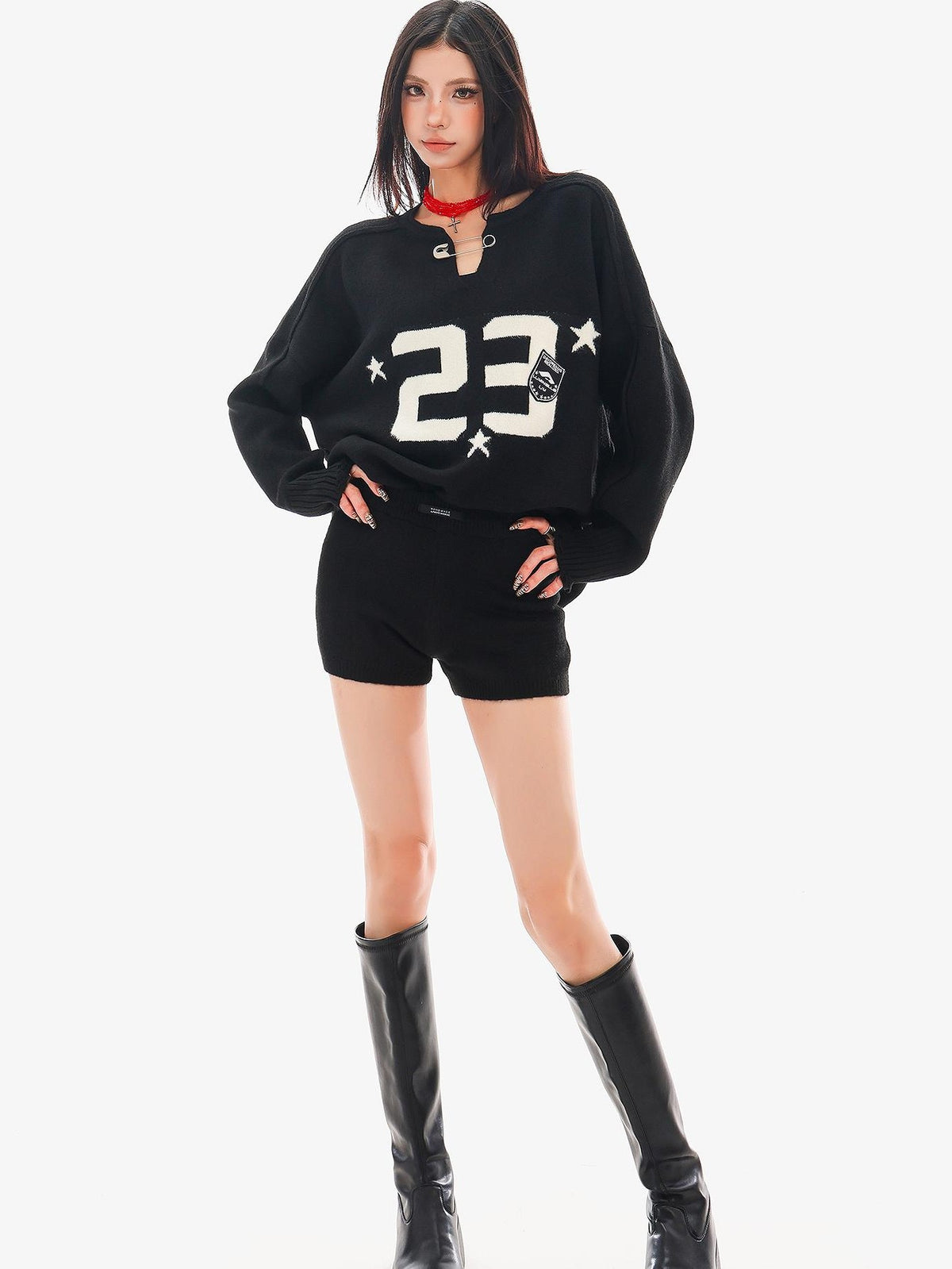 QIUQIU STUDIO Loose Fit Letter Embroidered Knit Two Piece Women&