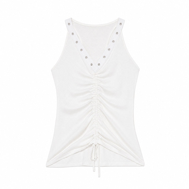 QIUQIU_STUDIO_Metal_Trim_Halter_V-neck_Drawstring_Slim_Waist_Women&