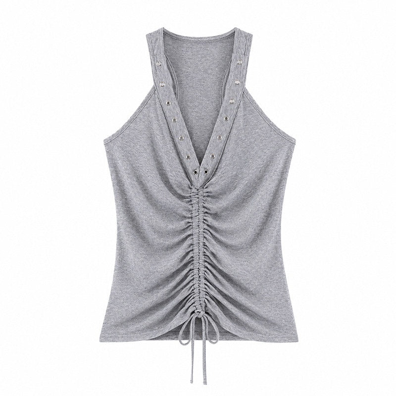 QIUQIU_STUDIO_Metal_Trim_Halter_V-neck_Drawstring_Slim_Waist_Women&