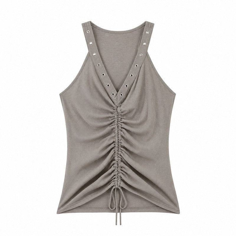 QIUQIU_STUDIO_Metal_Trim_Halter_V-neck_Drawstring_Slim_Waist_Women&