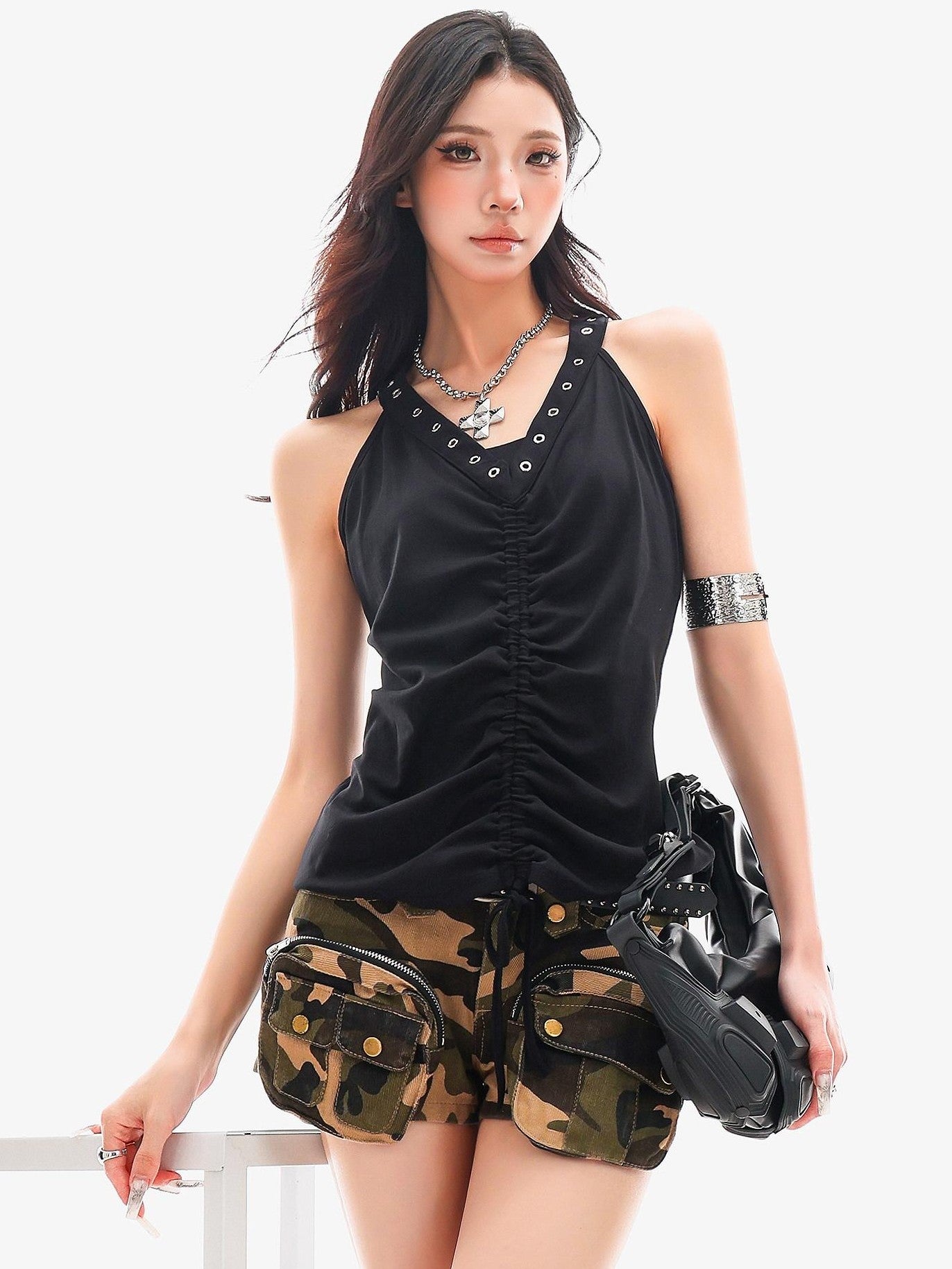 QIUQIU STUDIO Metal Trim Halter V-neck Drawstring Slim Waist Women&