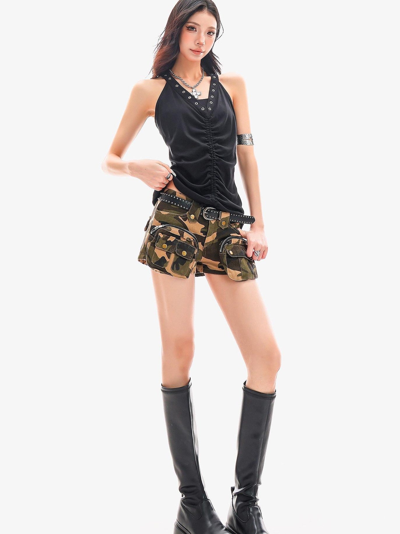 QIUQIU STUDIO Metal Trim Halter V-neck Drawstring Slim Waist Women&