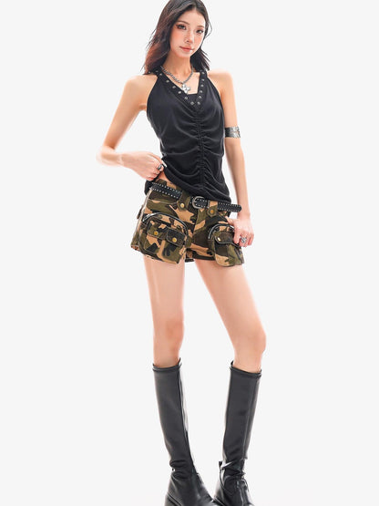 QIUQIU STUDIO Metal Trim Halter V-neck Drawstring Slim Waist Women&