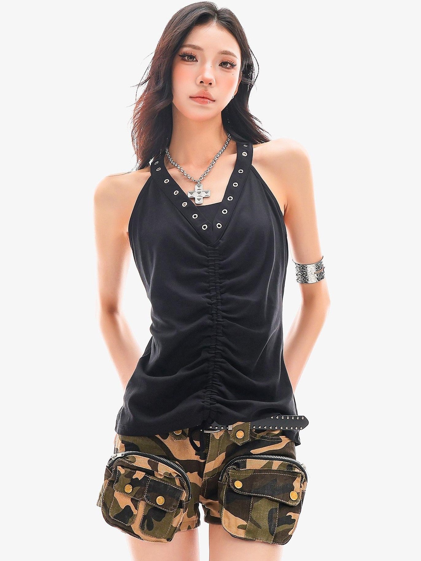 QIUQIU STUDIO Metal Trim Halter V-neck Drawstring Slim Waist Women&