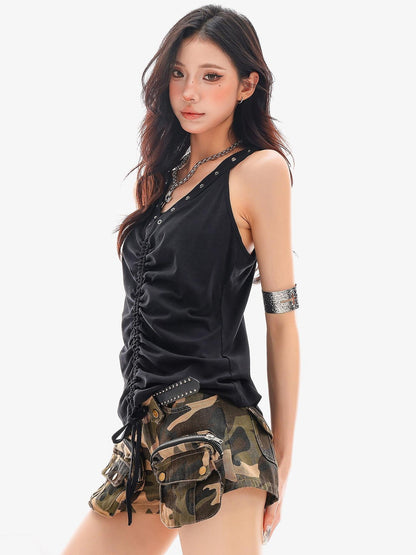 QIUQIU STUDIO Metal Trim Halter V-neck Drawstring Slim Waist Women&