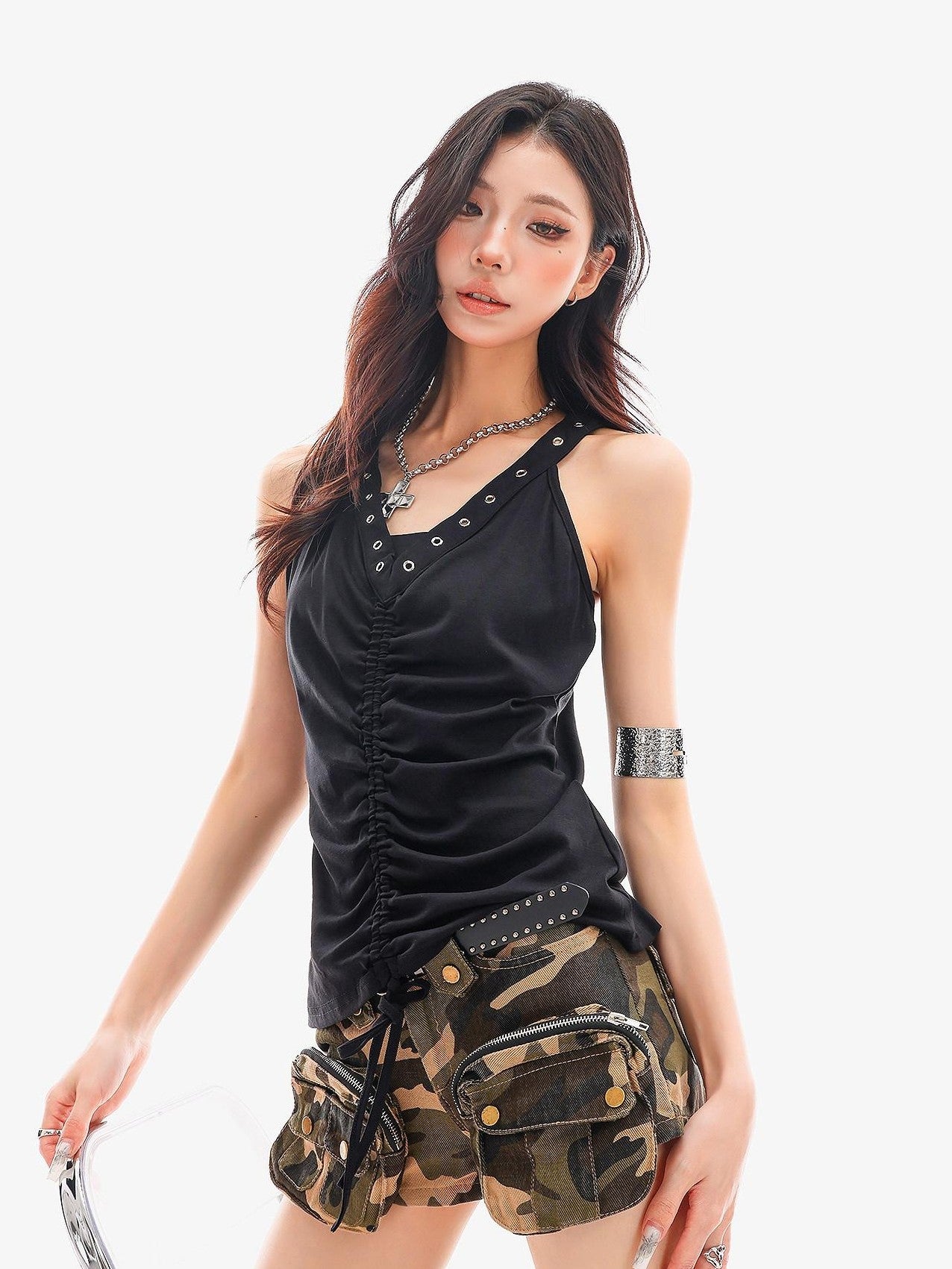 QIUQIU STUDIO Metal Trim Halter V-neck Drawstring Slim Waist Women&