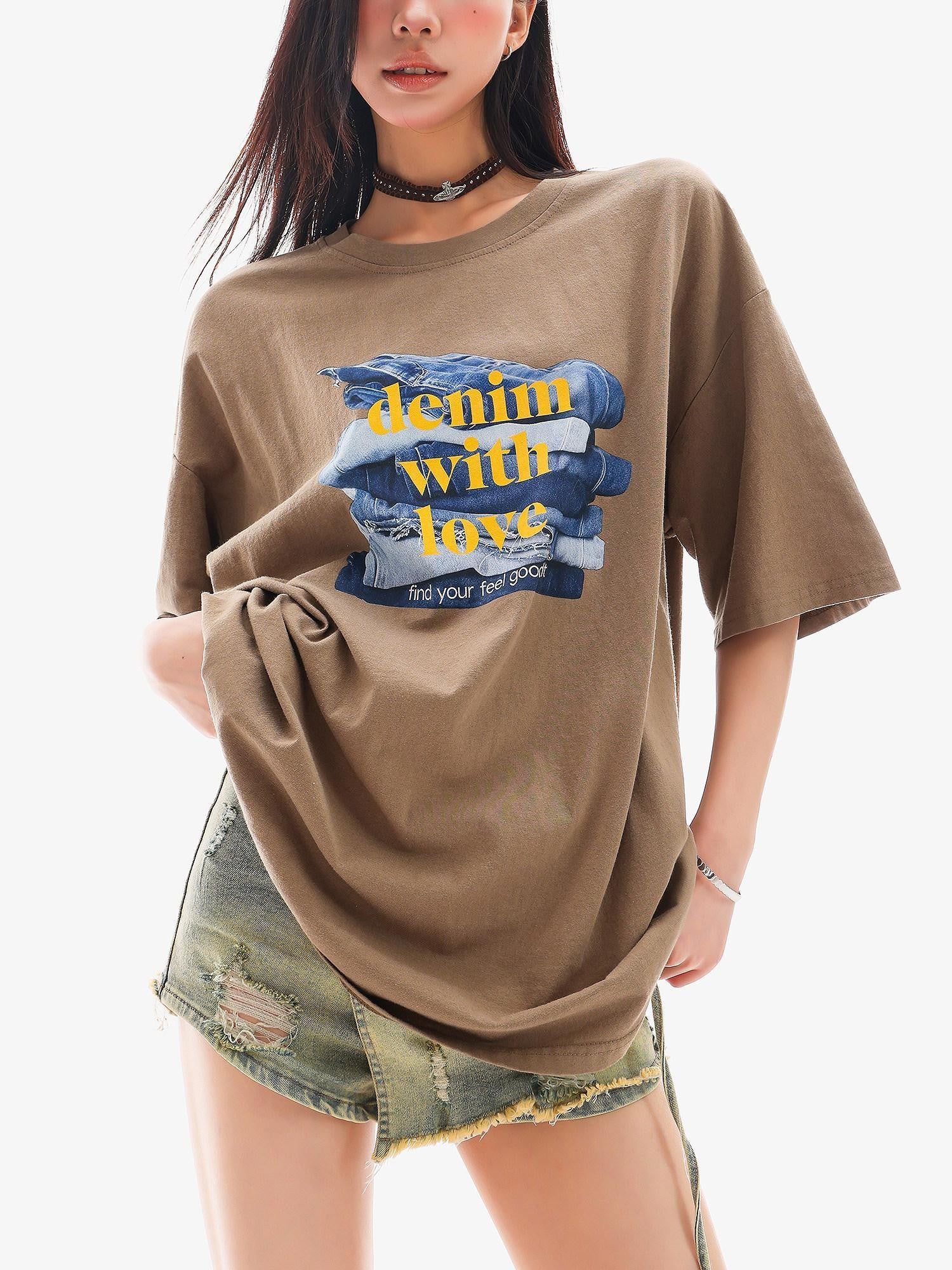 QIUQIU STUDIO Mocha Gray American Letter Print Round Neck Women&