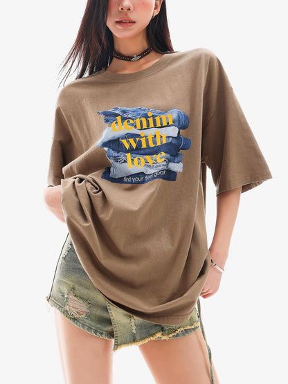 QIUQIU STUDIO Mocha Gray American Letter Print Round Neck Women&