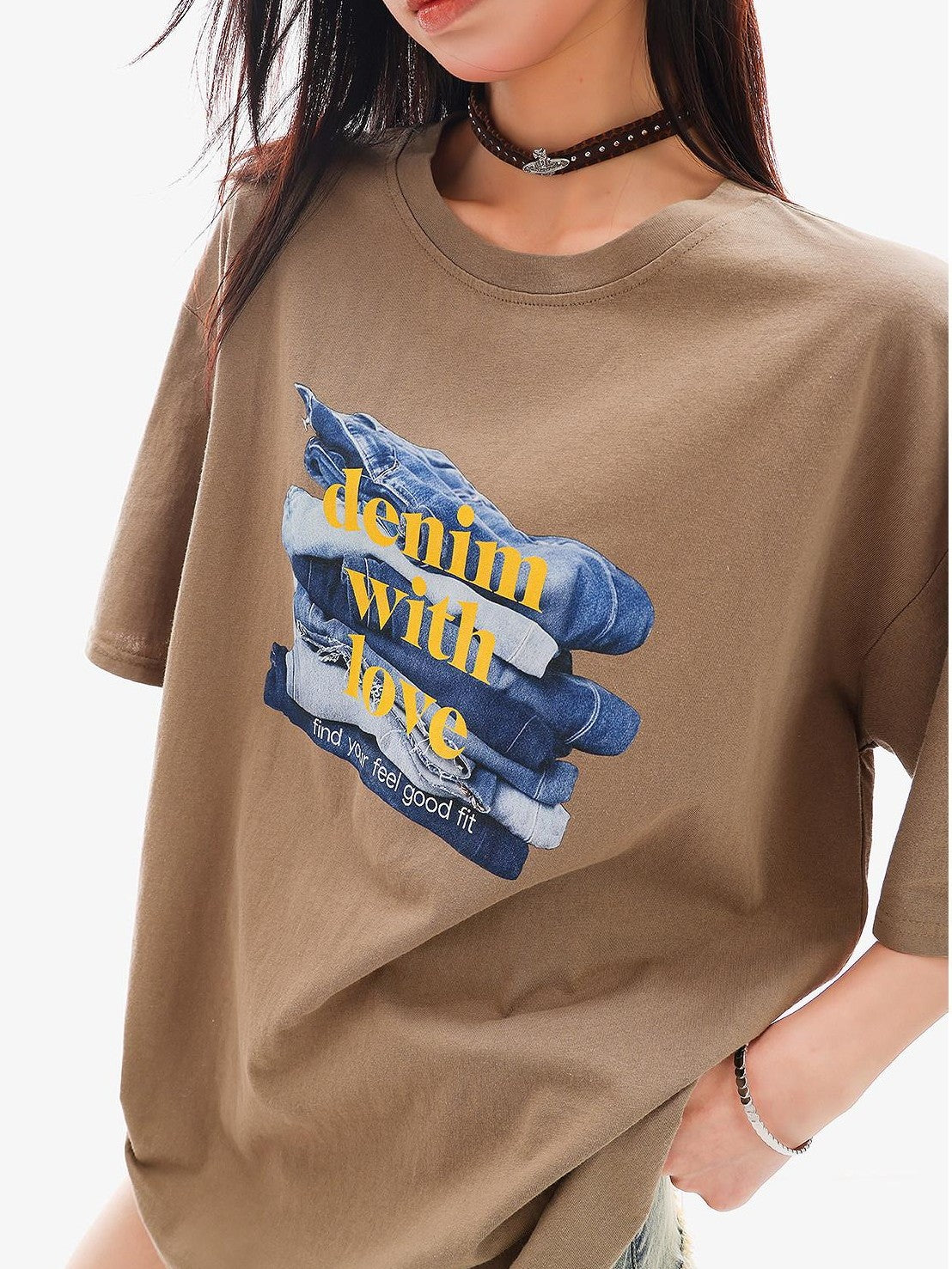 QIUQIU STUDIO Mocha Gray American Letter Print Round Neck Women&