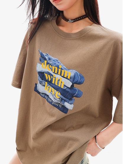 QIUQIU STUDIO Mocha Gray American Letter Print Round Neck Women&