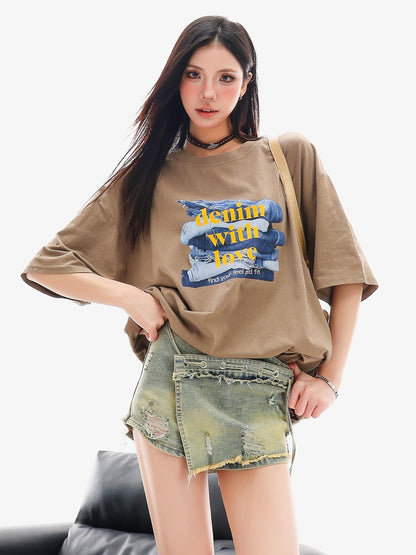 QIUQIU STUDIO Mocha Gray American Letter Print Round Neck Women&