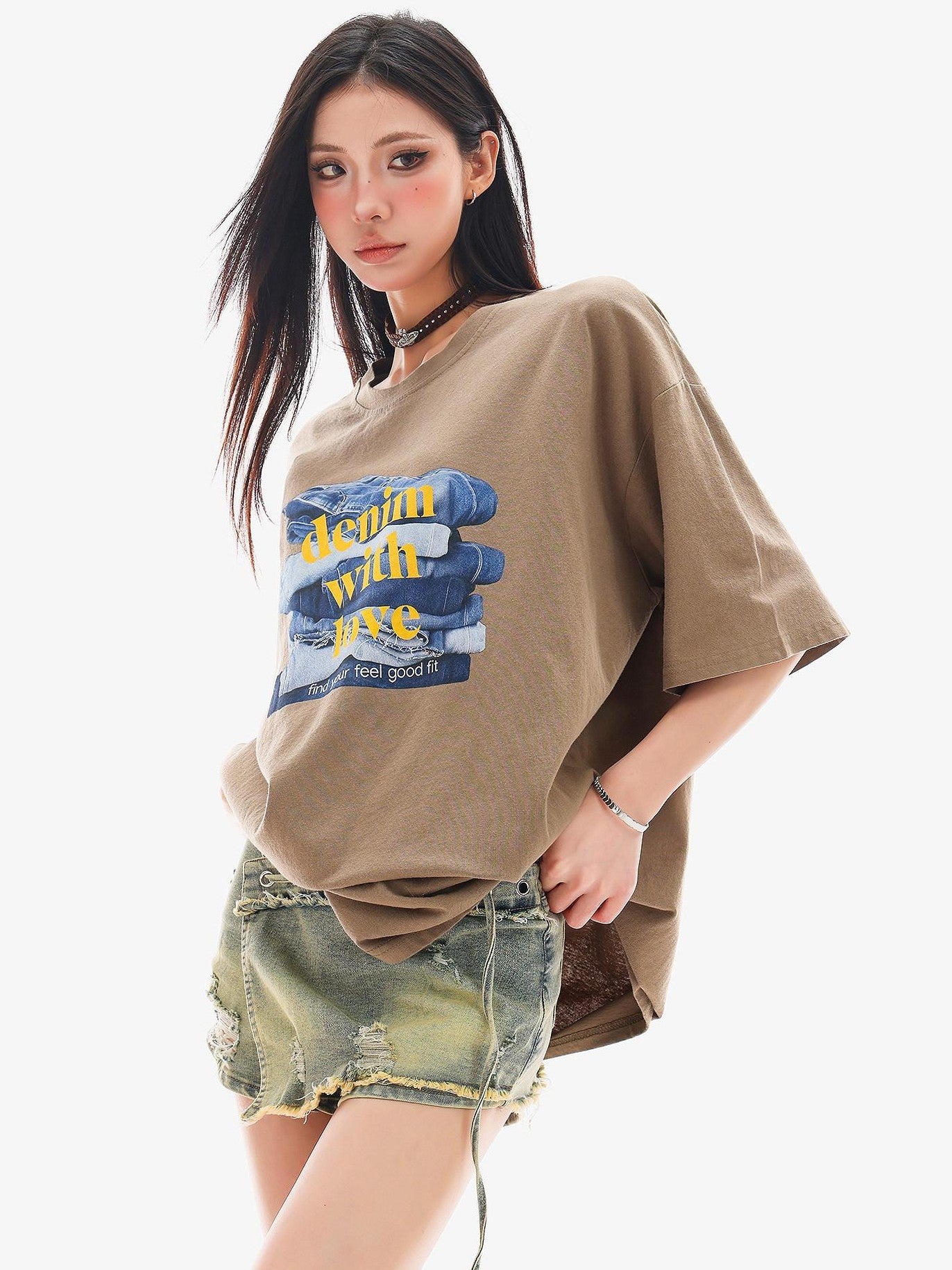 QIUQIU STUDIO Mocha Gray American Letter Print Round Neck Women&