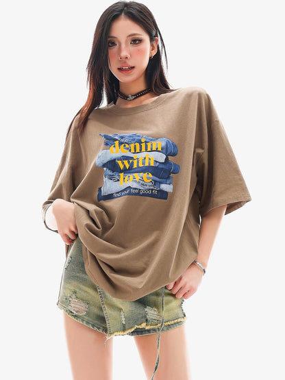 QIUQIU STUDIO Mocha Gray American Letter Print Round Neck Women&