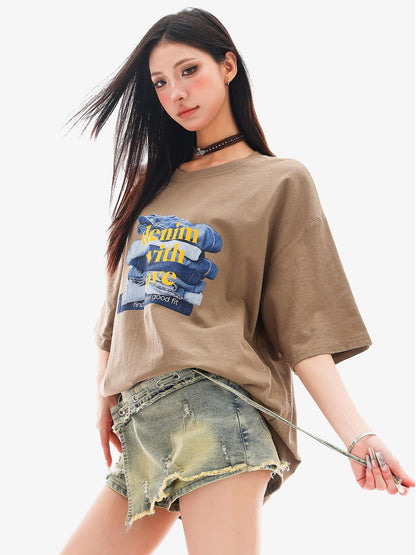 QIUQIU STUDIO Mocha Gray American Letter Print Round Neck Women&