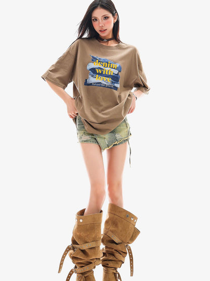 QIUQIU STUDIO Mocha Gray American Letter Print Round Neck Women&
