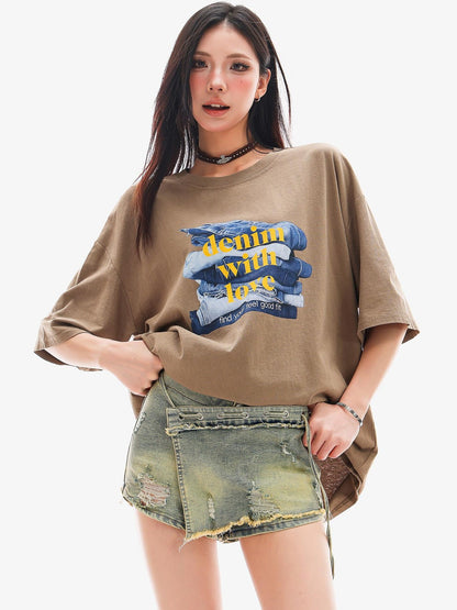 QIUQIU STUDIO Mocha Gray American Letter Print Round Neck Women&