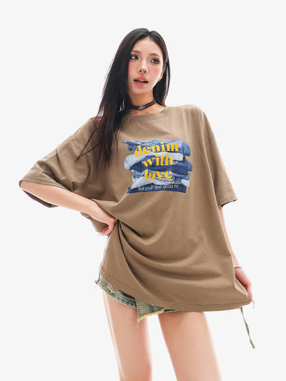 QIUQIU STUDIO Mocha Gray American Letter Print Round Neck Women&