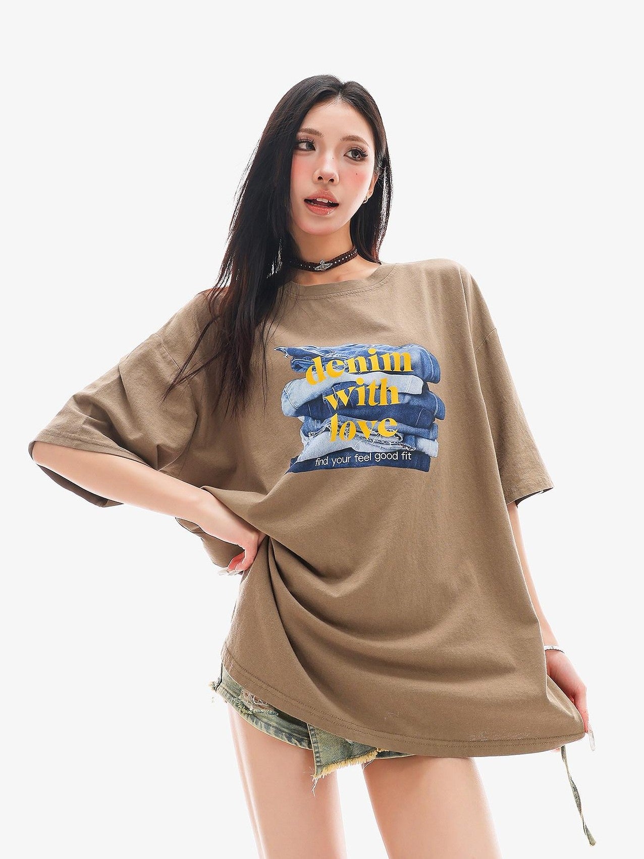 QIUQIU STUDIO Mocha Gray American Letter Print Round Neck Women&