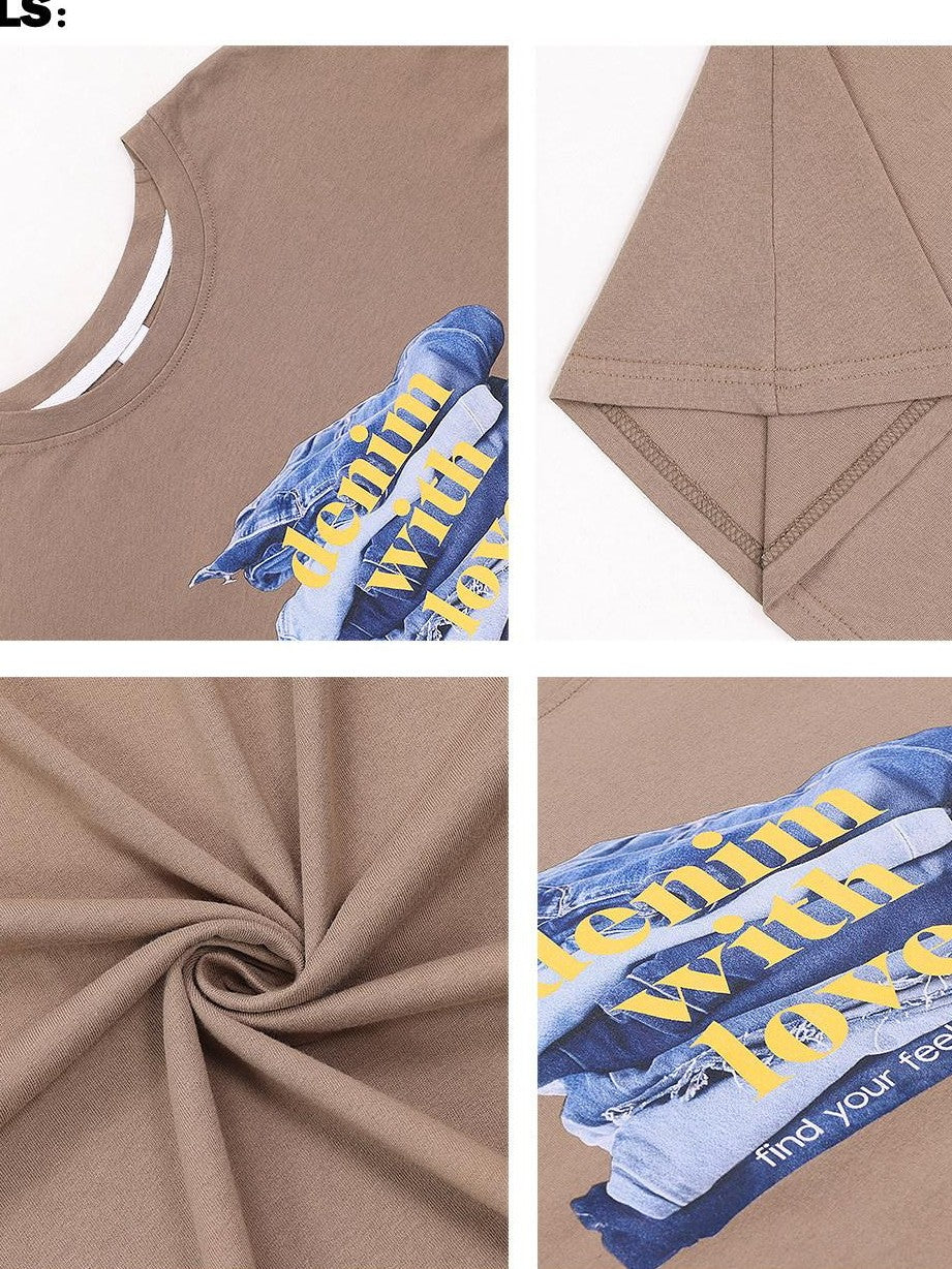 QIUQIU STUDIO Mocha Gray American Letter Print Round Neck Women&