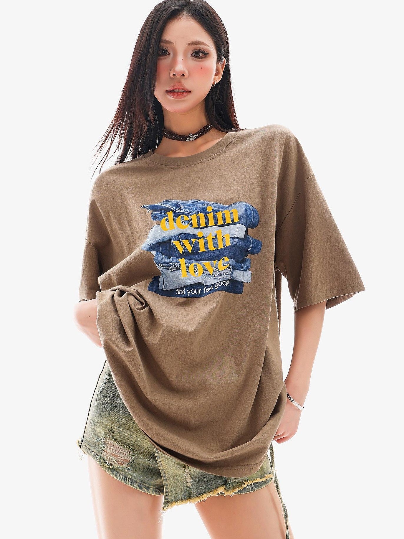 QIUQIU STUDIO Mocha Gray American Letter Print Round Neck Women&