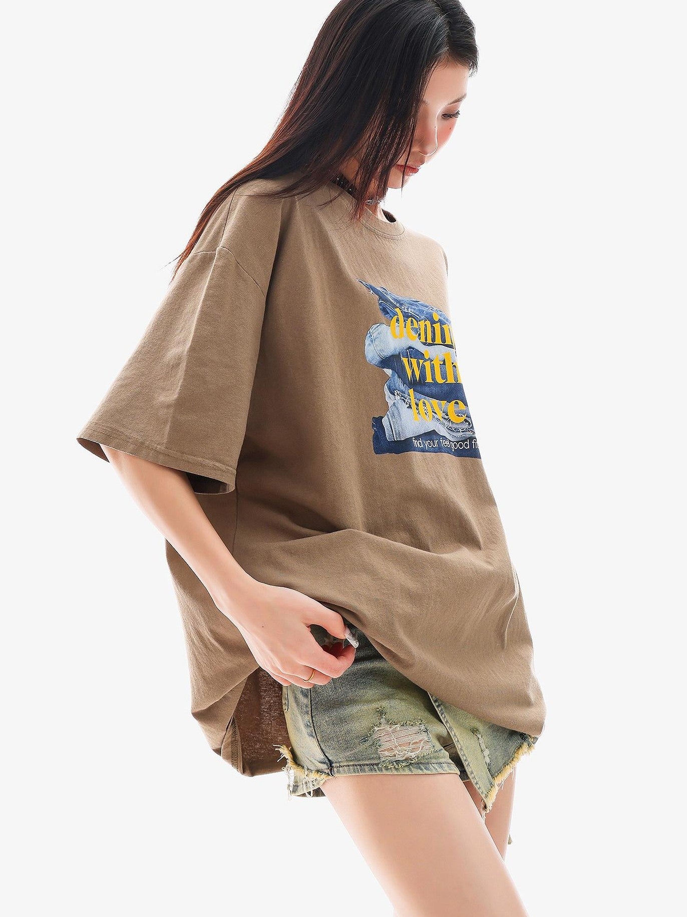 QIUQIU STUDIO Mocha Gray American Letter Print Round Neck Women&