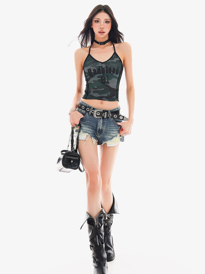 QIUQIU STUDIO Olive Letter Applique V-neck Slim Fit Short Women&