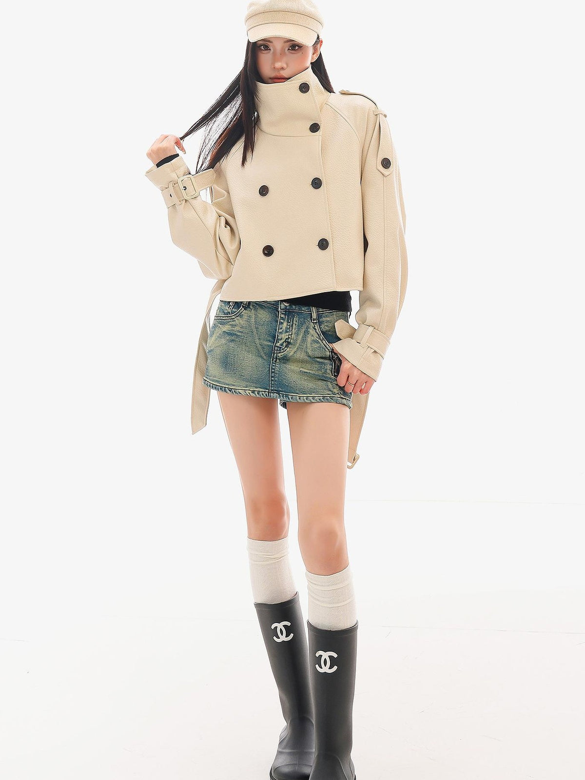 QIUQIU STUDIO Oversized Stand Collar Double Breasted Belted Biker Pu Women&