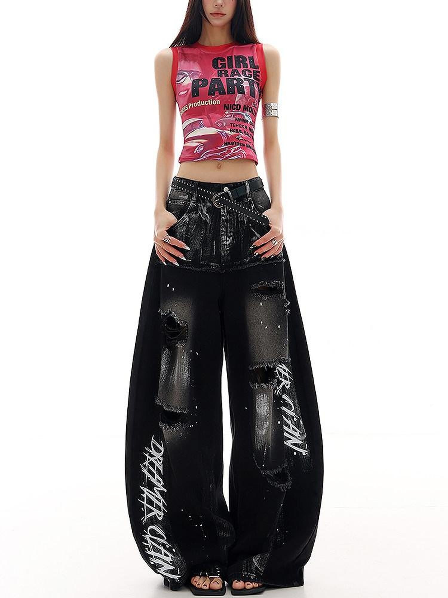 QIUQIU STUDIO Paint Splatter Letter Print Ripped Loose Wide Leg Women&