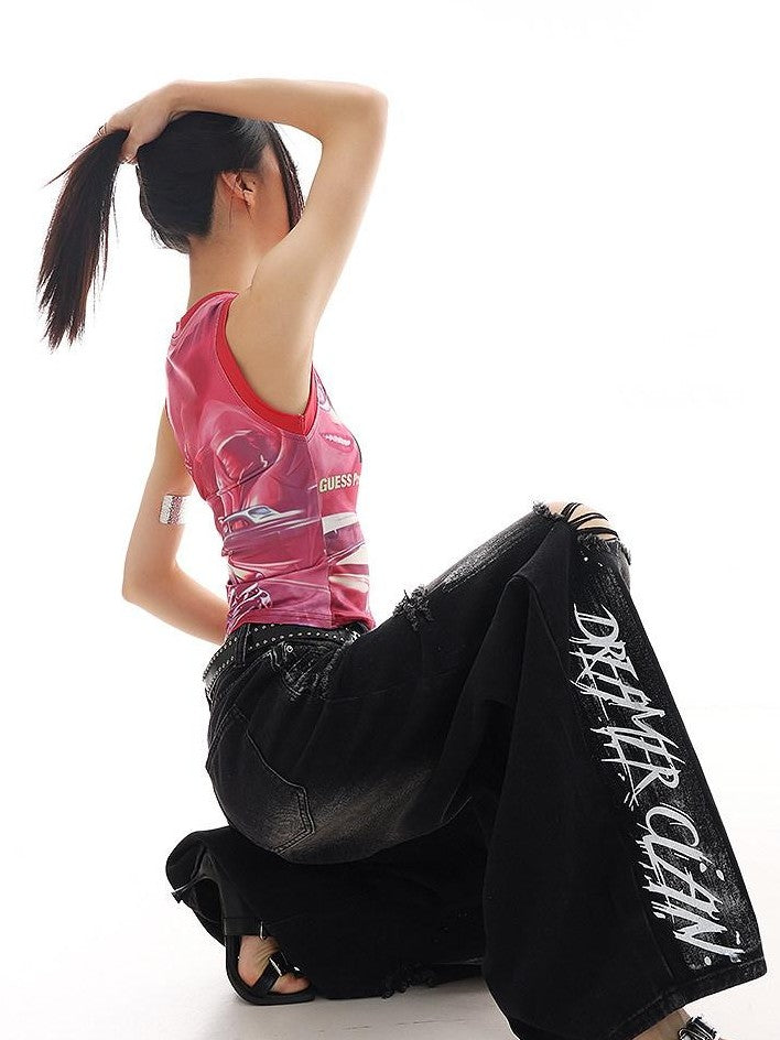 QIUQIU STUDIO Paint Splatter Letter Print Ripped Loose Wide Leg Women&