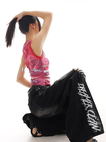 QIUQIU STUDIO Paint Splatter Letter Print Ripped Loose Wide Leg Women&