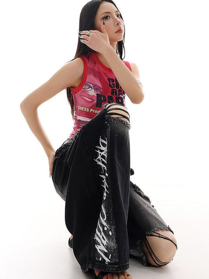 QIUQIU STUDIO Paint Splatter Letter Print Ripped Loose Wide Leg Women&