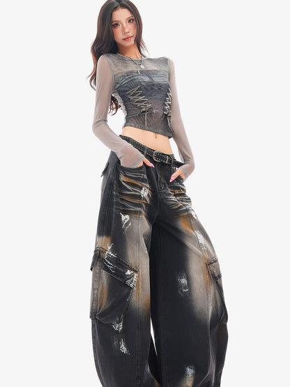 QIUQIU STUDIO Painted Sickle Vintage Wide-leg Jeans Women&