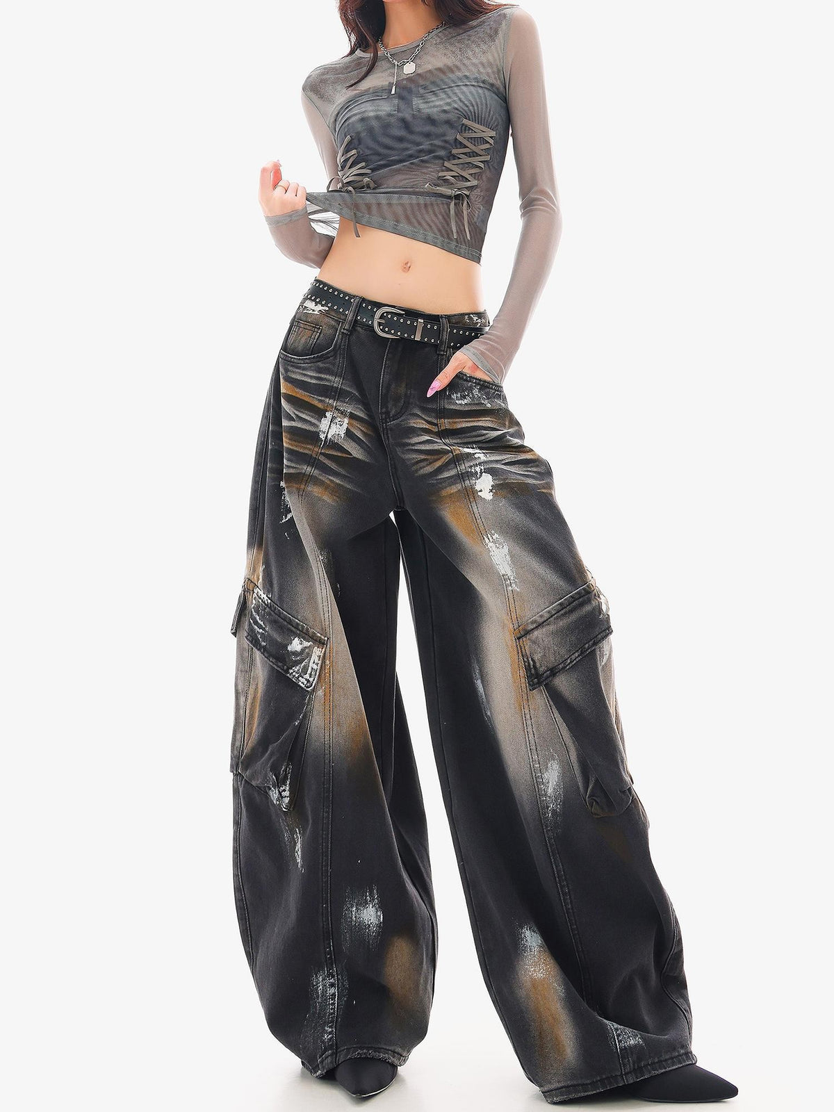 QIUQIU STUDIO Painted Sickle Vintage Wide-leg Jeans Women&
