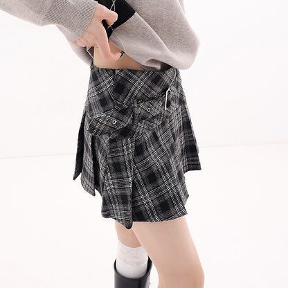 QIUQIU_STUDIO_Plaid_A_Line_Gathered_College_Women&