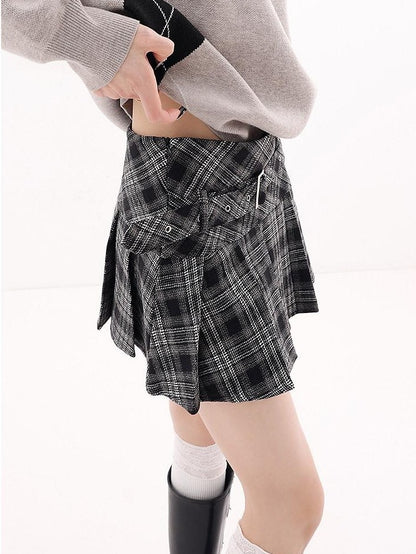 QIUQIU STUDIO Plaid A Line Gathered College Women&